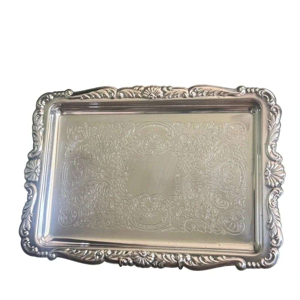 Vintage Vintage Silver Plate Rectangular Serving Tray Etched Scroll Shells